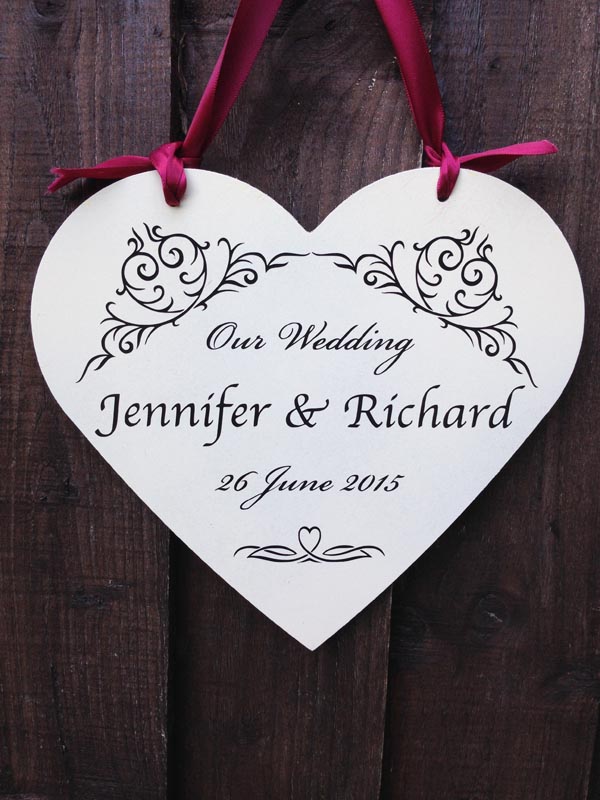 wooden wedding heart sign personalised