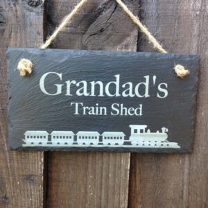 slate garden shed sign with train