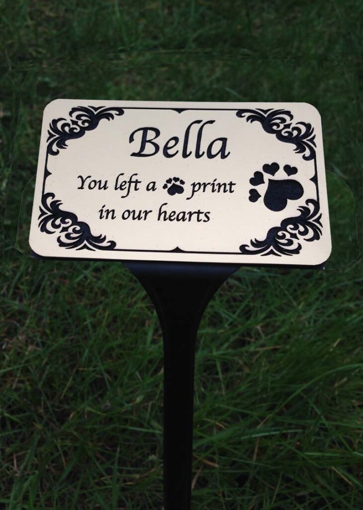 pet memorials plaques in gold on stake 12